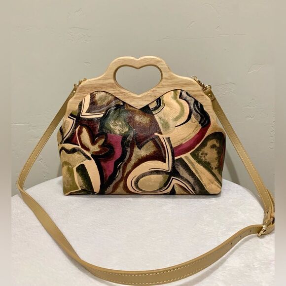 Abstract Print Cowhide Leather Handmade Wooden Frame Bag Includes 2 Strap Styles - Picture 4 of 16